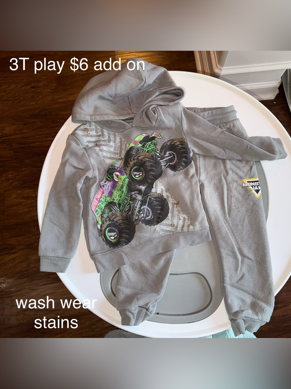 Kids Monster Truck Hoodie & Jogger Set - Gray, Grave Digger